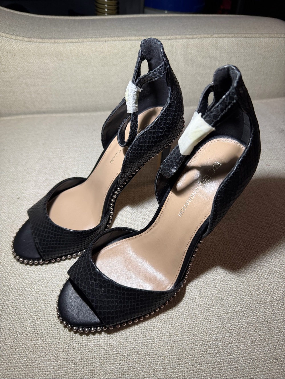 BCBG Black Textured Open-Toe Ankle-Strap Heels with Stud Trim